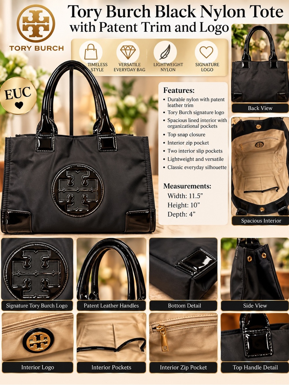 Tory Burch Black Nylon Tote with Patent Leather Trim & Signature Logo
